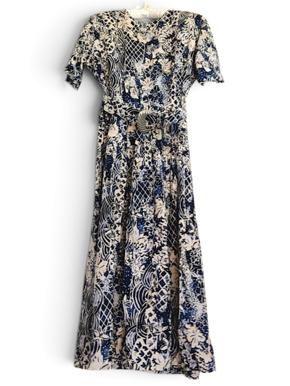 Vintage Floral Midi Day Dress Blue Beige silver western belt boho botanical 70s